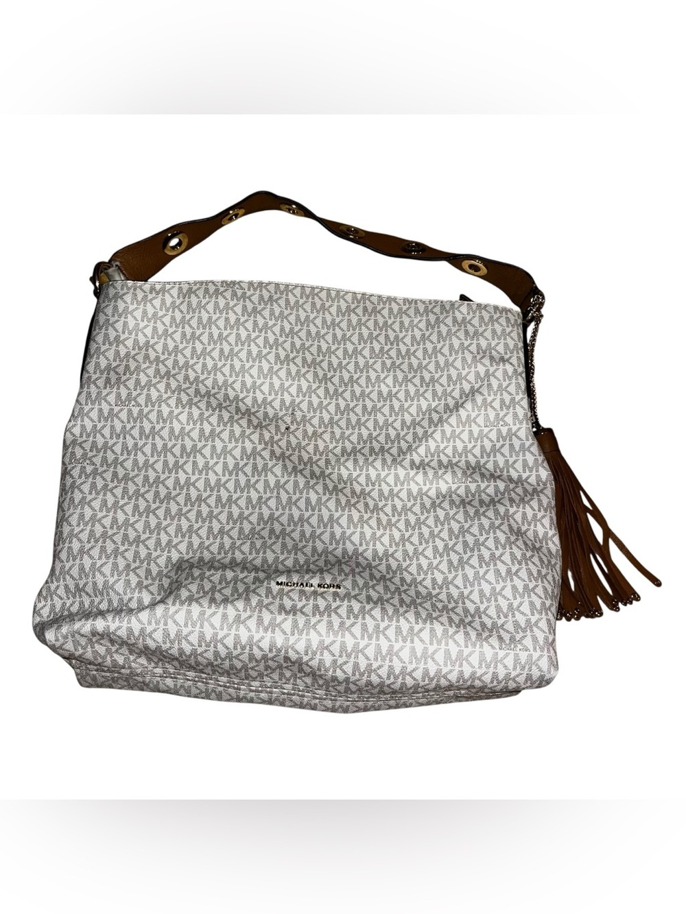 Michael kors gray tan logo shoulder push purse tassel large